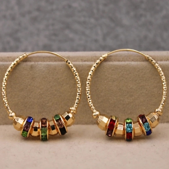 Gold Plated Hoop Earrings with Multi Color Crystals New - Picture 8 of 8